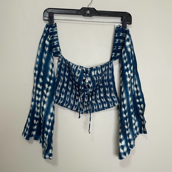 Tori Praver Swimwear Tops - Tori Praver Off Shoulder Tie Dye Lace Up Long Sleeve Crop Top Tube Top Blue S